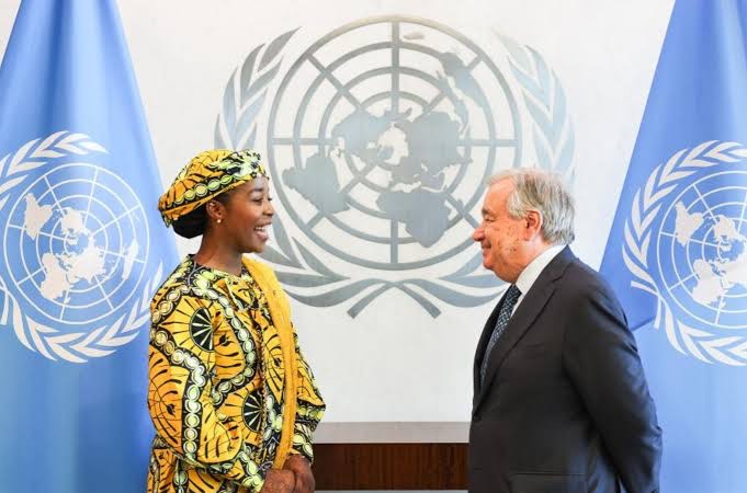 Maryam Bukar Hassan with the Un Secretary-General