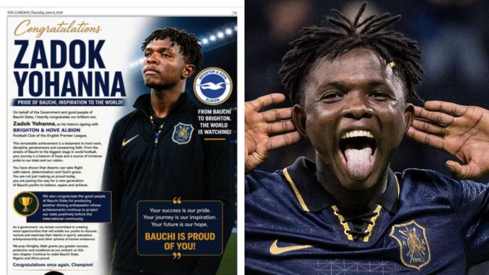 Bauchi Governor Takes Out Full-Page Newspaper Ad to Celebrate Zadok Yohanna's Brighton Transfer