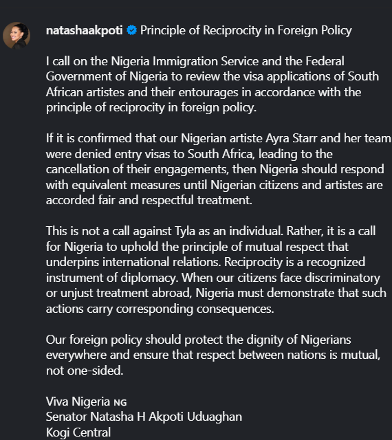 Senator Natasha's statement on Principle of Reciprocity