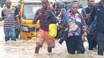 Flooded residential street in Lagos after a heavy rainfall