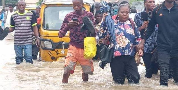 Flooded residential street in Lagos after a heavy rainfall