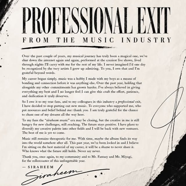 siraheem's offical statement on his professional exit from music