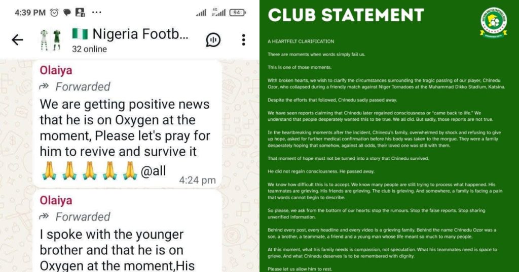 “The Reports Are Not True” Katsina United FC Clarifies Death of Defender Chinedu Ozor