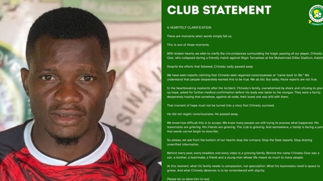 “The Reports Are Not True” Katsina United FC Clarifies Death of Defender Chinedu Ozor