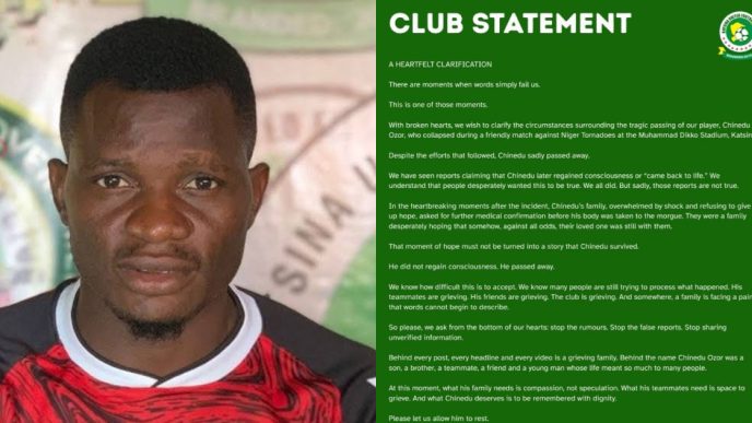 “The Reports Are Not True” Katsina United FC Clarifies Death of Defender Chinedu Ozor