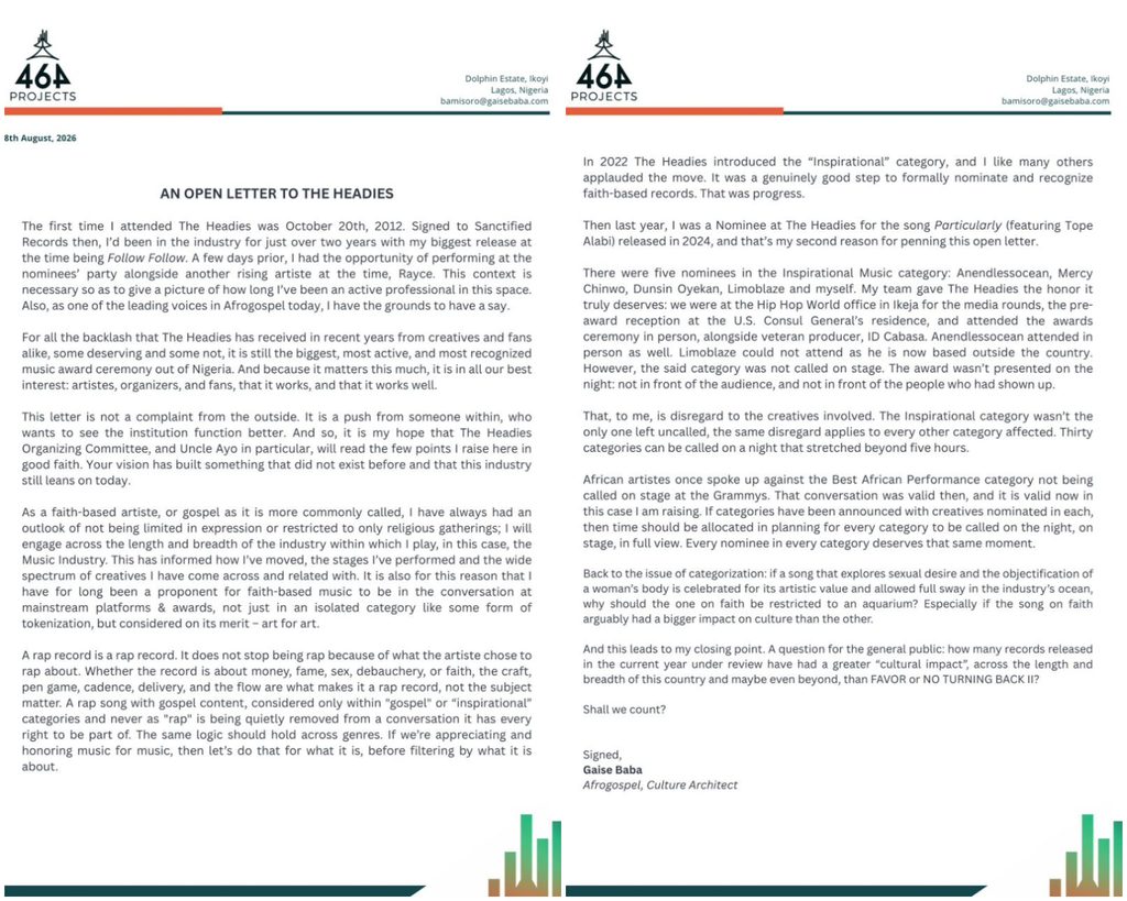 Gaise Baba Headies open letter challenges the music body to do better.