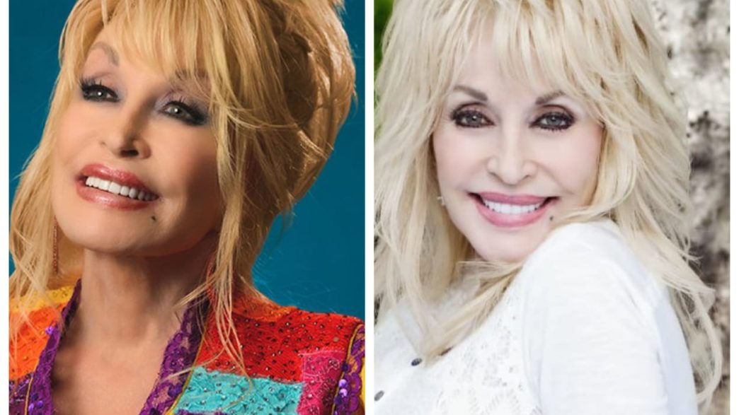 Dolly Parton posing with a guitar and smiling in a later portrait