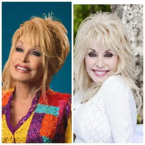 Dolly Parton posing with a guitar and smiling in a later portrait