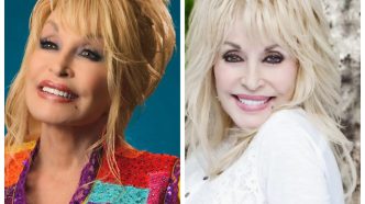 Dolly Parton posing with a guitar and smiling in a later portrait