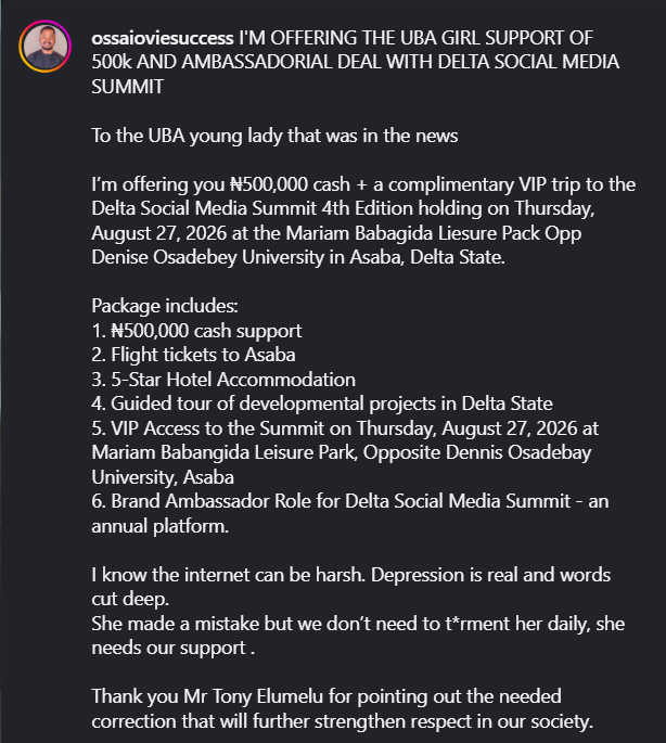 Ossai ovie's post on instagram regarding the Uba trainee graduate 