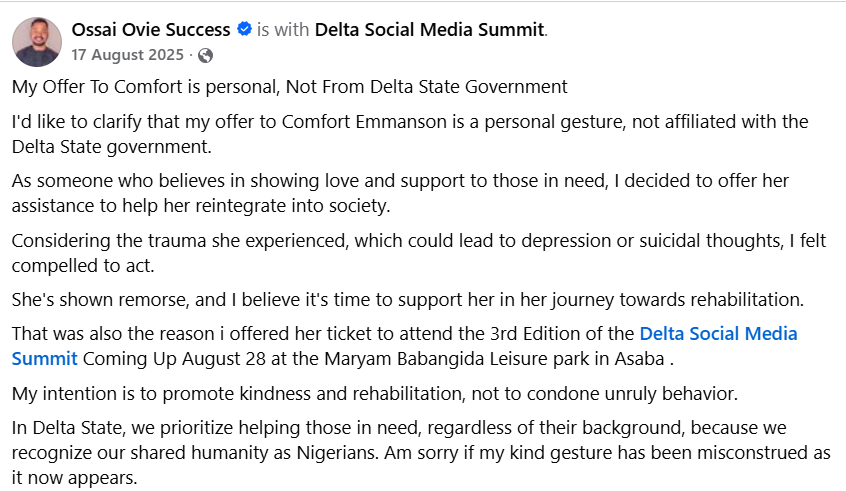 Ossai ovie's facebook post concerning comfort emmason