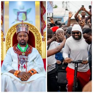 Olu of Warri Ogiame Atuwatse III in royal regalia and riding a scooter