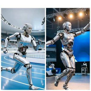 Collage of humanoid robots running and performing at the World Humanoid Robot Games