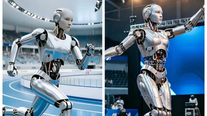 Collage of humanoid robots running and performing at the World Humanoid Robot Games