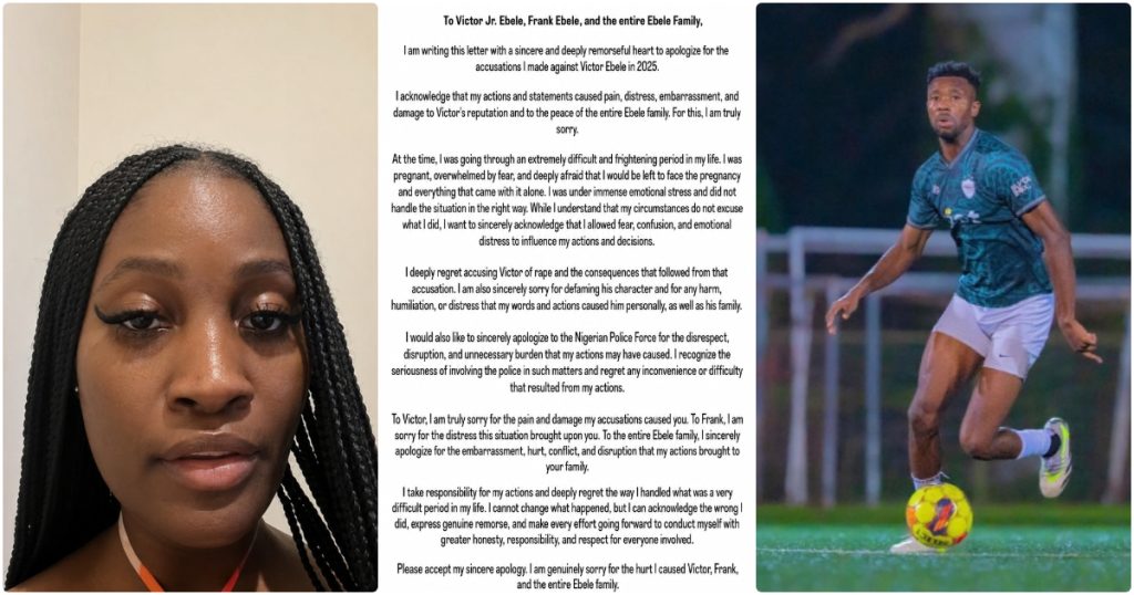 Chioma Oniniwu apologises to footballer Victor Jr Ebele over rape allegation