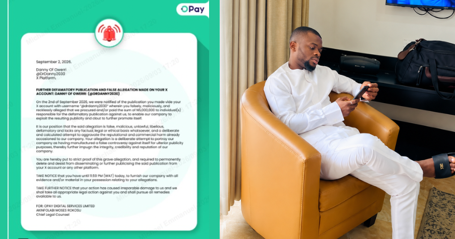 OPay legal notice to Danny and his reply.