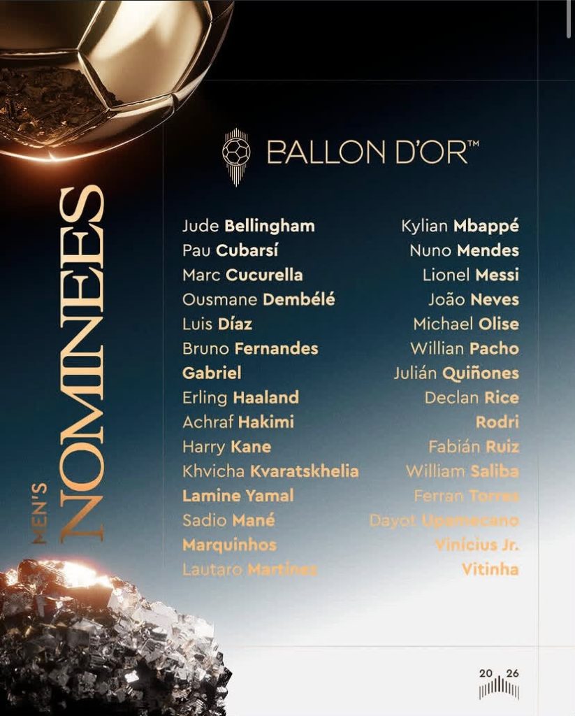Ballon d’Or 2026 men's nomination list. 