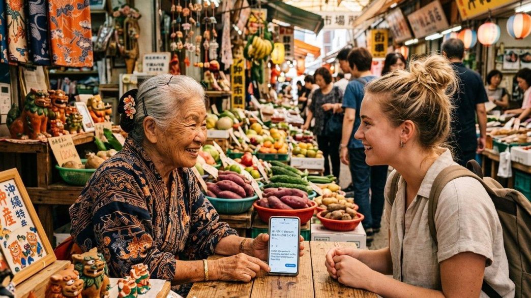 Elderly woman and foreign visitor communicating at a market in Okinawa