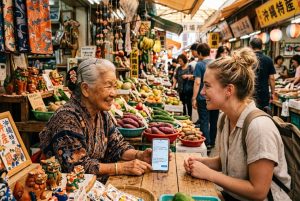 Elderly woman and foreign visitor communicating at a market in Okinawa
