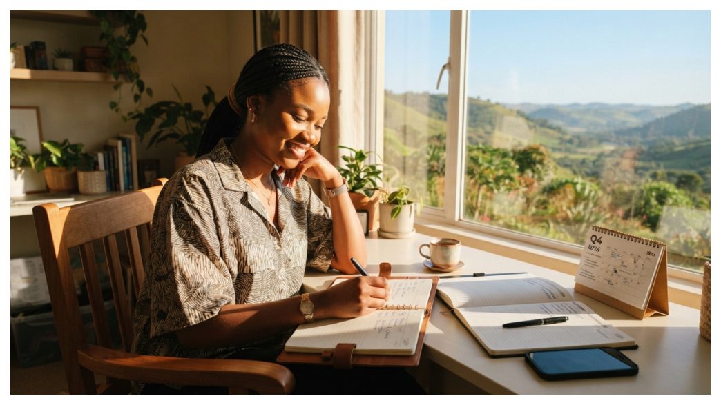 Nigerian professional planning an October reset with a notebook and calendar