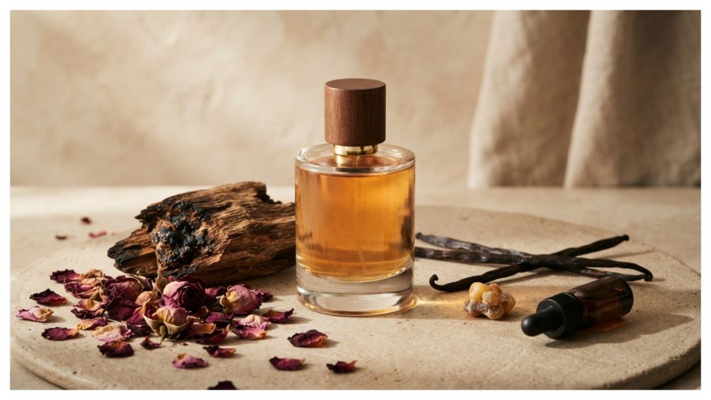 Perfume oil, oud, rose, amber and vanilla representing Arabic fragrance notes