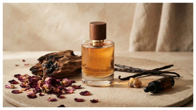 Perfume oil, oud, rose, amber and vanilla representing Arabic fragrance notes