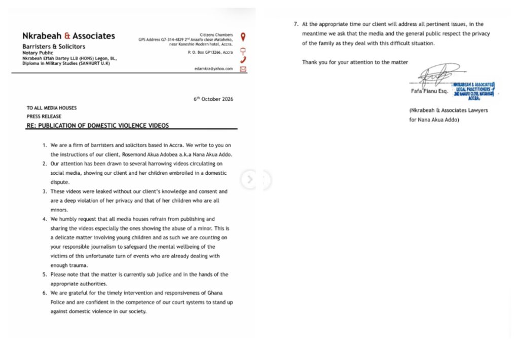 Official statement released by Nana Akua Addo's Lawyers