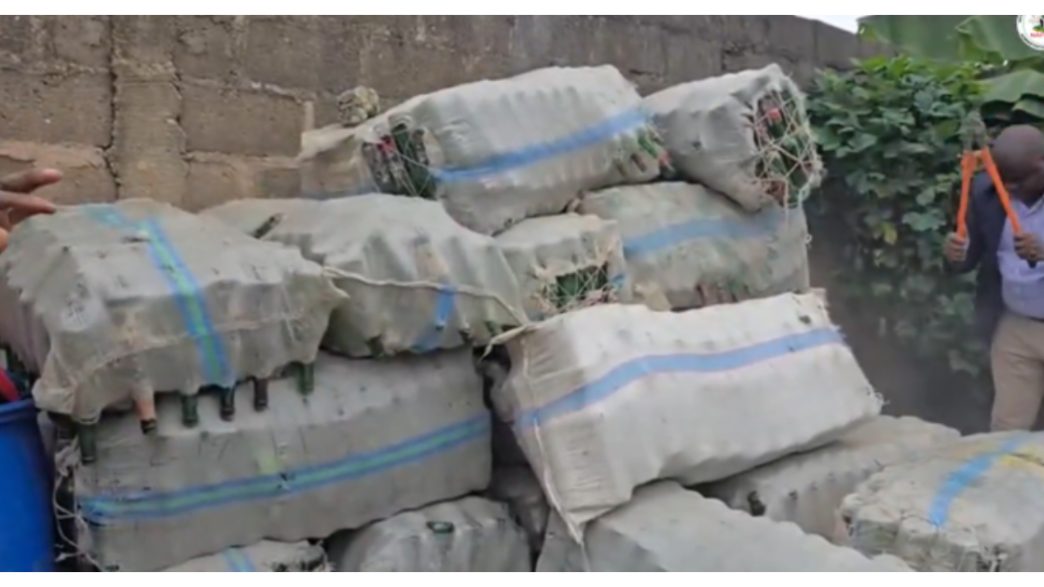 Empty alcoholic-beverage bottles stored in sacks during a NAFDAC operation in Lagos