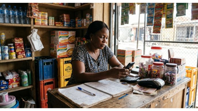 Nigerian retail seller reviewing insurance policy details on a phone