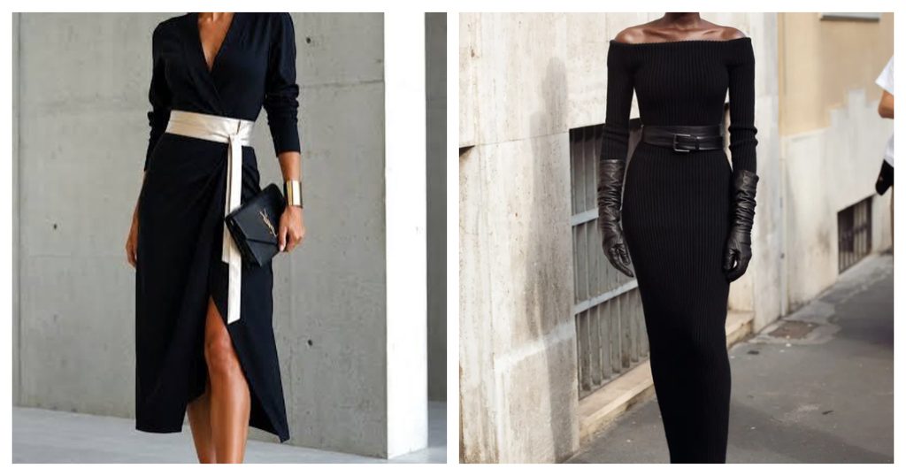Simple thrifted dress styled with a belt and structured handbag