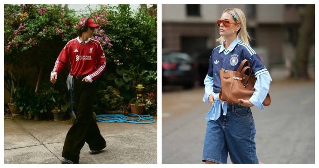 Vintage football jersey worn with tailored trousers and clean sneakers