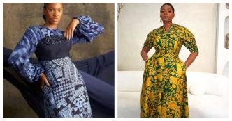 Hand-resist Adire cloth and a machine-printed Adire-inspired fabric shown side by side
