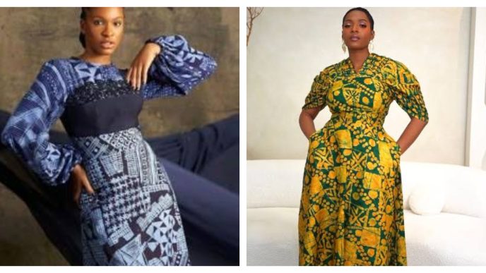 Hand-resist Adire cloth and a machine-printed Adire-inspired fabric shown side by side