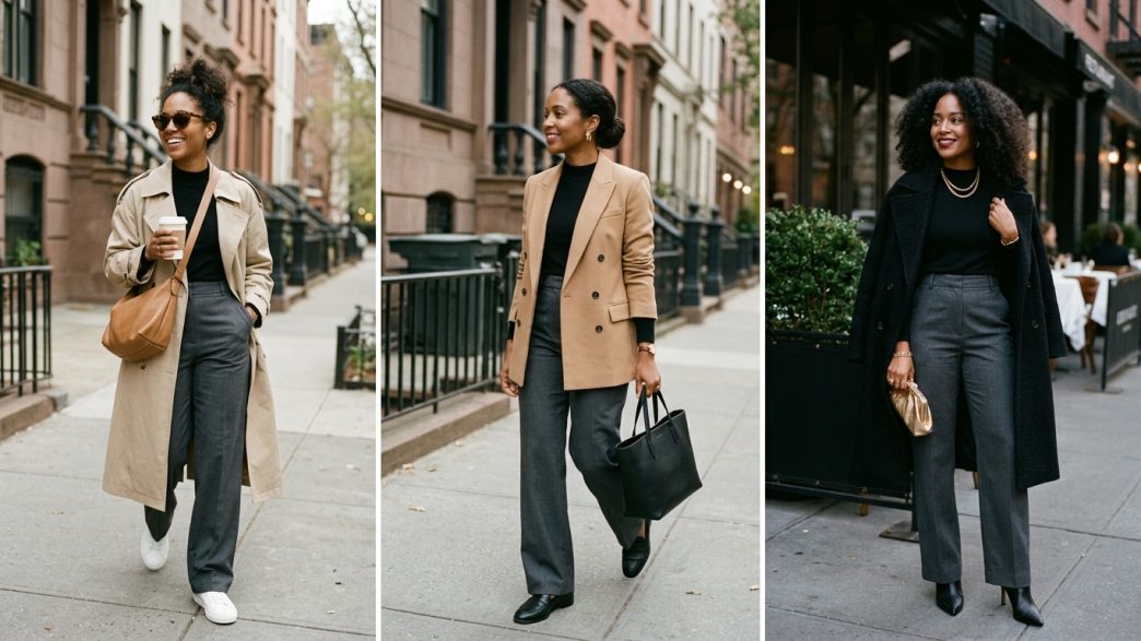Person restyling a repeat outfit with different accessories
