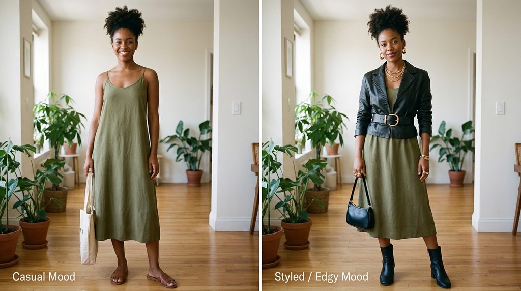 restyling a dress with accessories and layers.