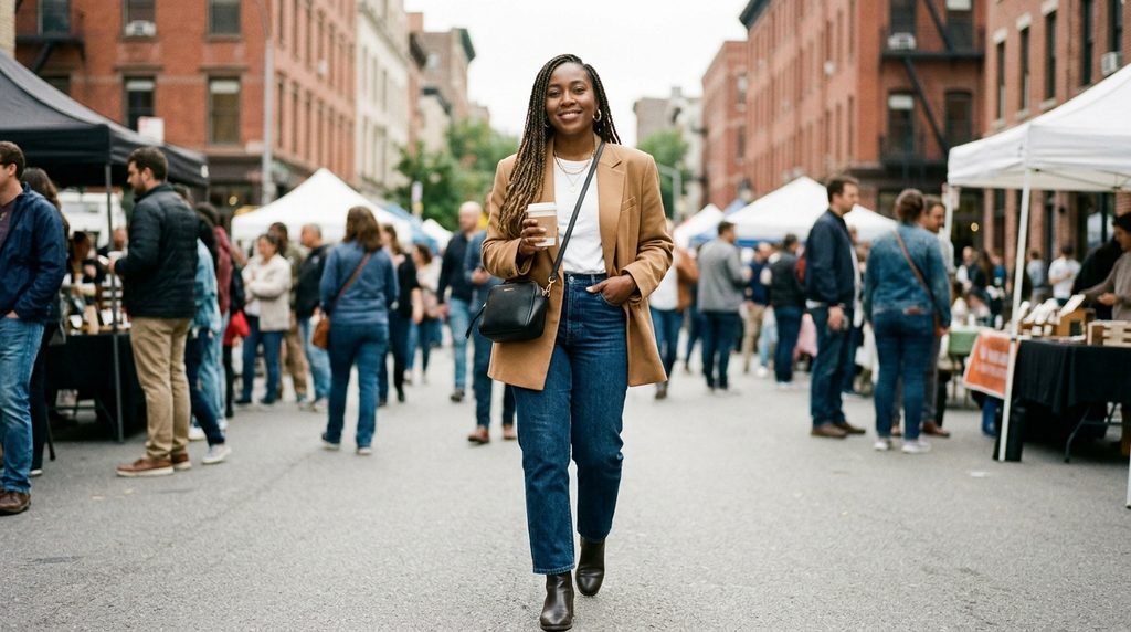 Rewearing outfits confidently in a modern everyday fashion look.