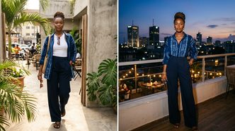 Lagos-ready fashion model wearing a lightweight, movement-friendly Nigerian outfit in Lagos