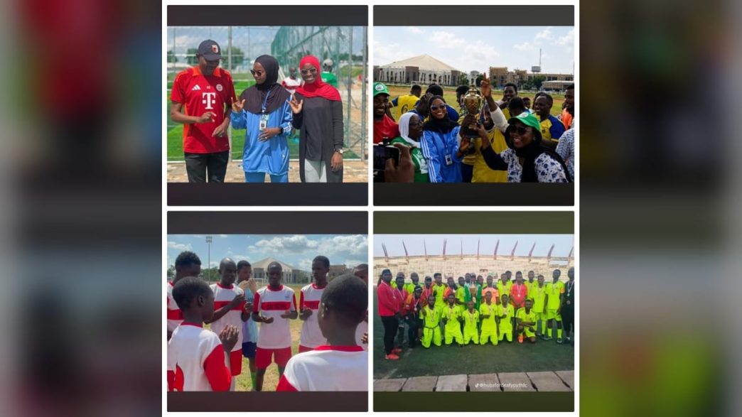 Collage of HUBA For Deaf Youth FC players and supporters, including team celebrations, a trophy and a pre-match huddle in Kaduna, Nigeria.