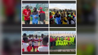 Collage of HUBA For Deaf Youth FC players and supporters, including team celebrations, a trophy and a pre-match huddle in Kaduna, Nigeria.