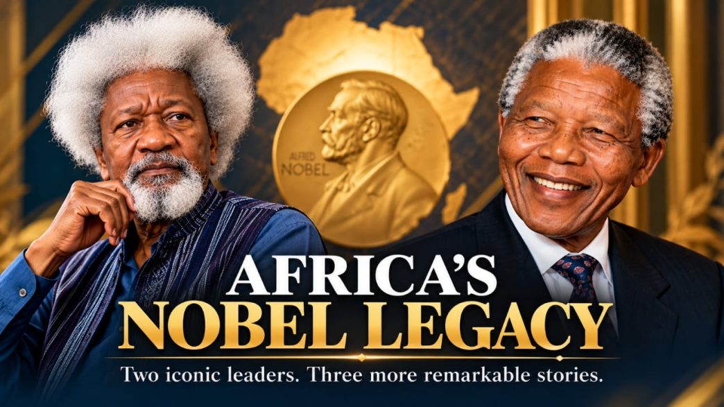 Wole Soyinka and Nelson Mandela featured in a collage celebrating Africa’s Nobel Prize legacy.