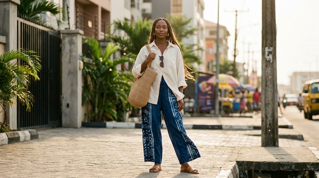 Lagos-ready fashion look featuring breathable fabric and a relaxed silhouette