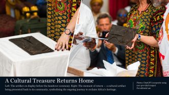 Carved cultural artifact displayed and presented during a handover ceremony.