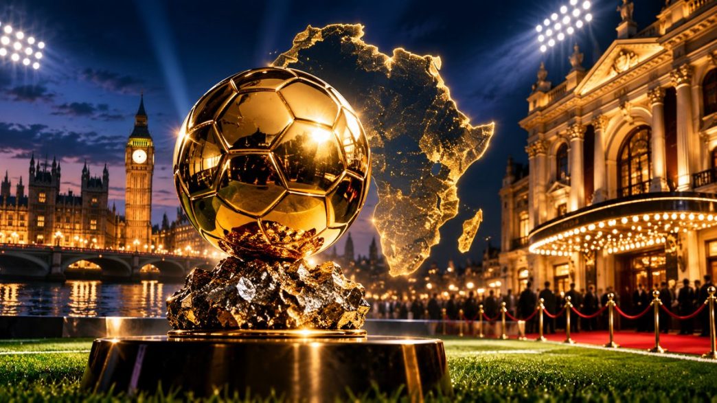 Golden football trophy with London’s skyline and a glowing outline of Africa for the Ballon d'Or 2026 preview.