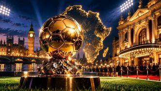 Golden football trophy with London’s skyline and a glowing outline of Africa for the Ballon d'Or 2026 preview.